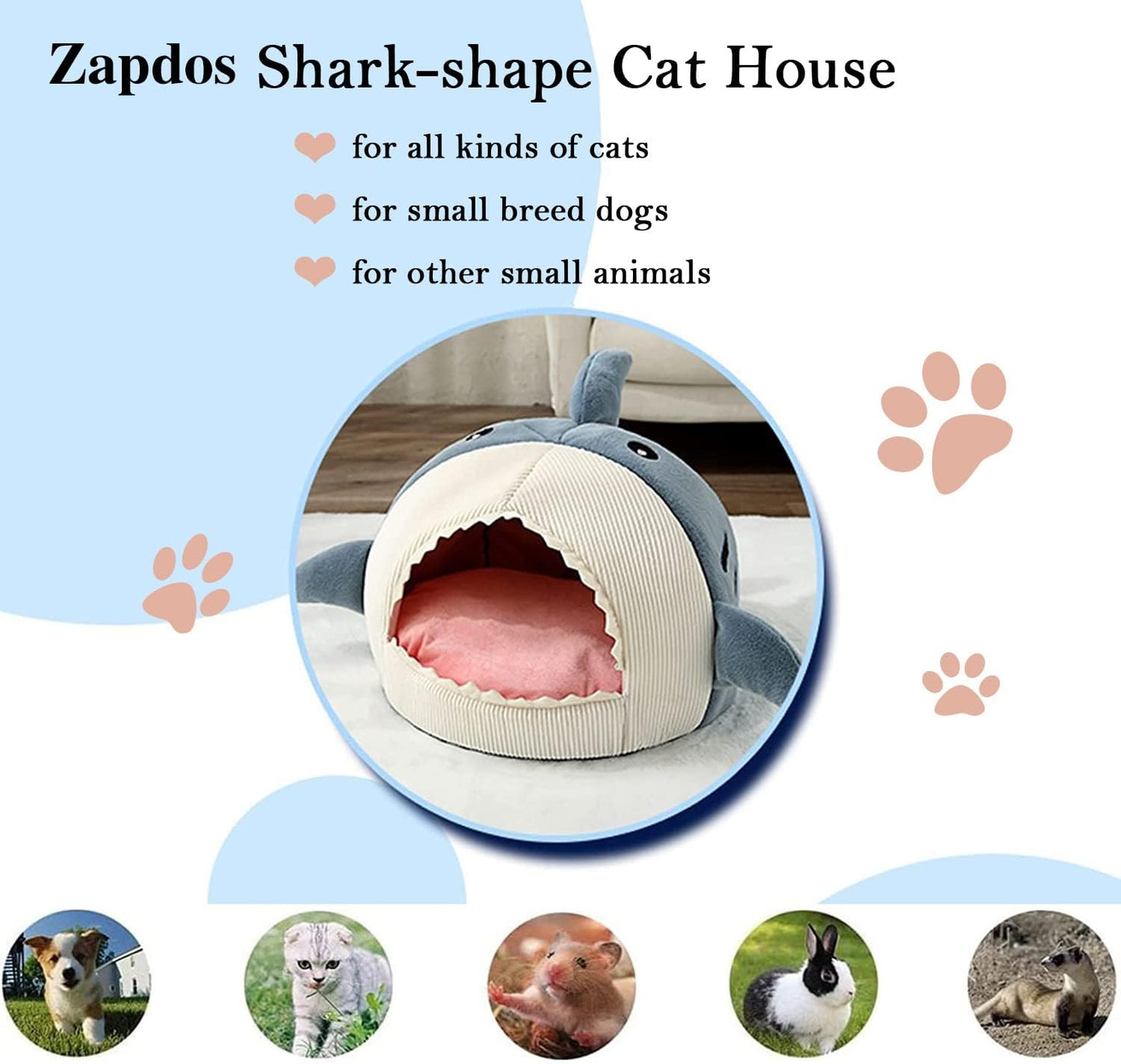 Shark Shape Cat Cave Bed with Thick Cushion, Kitten Cat Soft Warm House for Indoor Cats Anti-Slip Bottom, Cat Tent with Removable Washable Cushioned Pillow, Cat Hut Sleeping Bag Small Dog Bed - XL