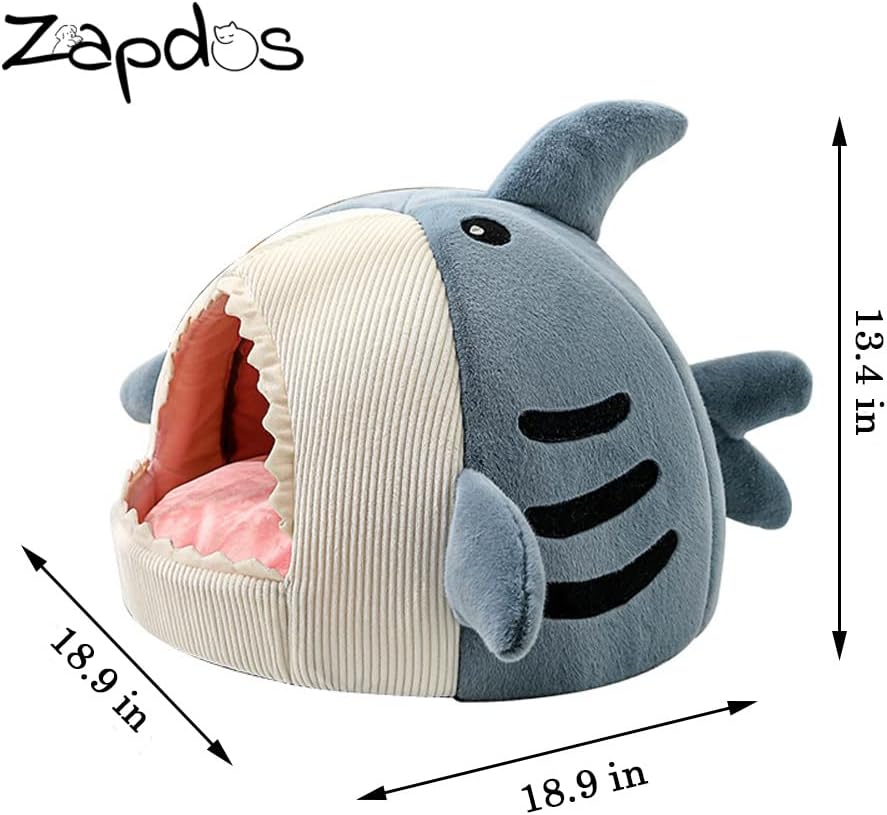 Shark Shape Cat Cave Bed with Thick Cushion, Kitten Cat Soft Warm House for Indoor Cats Anti-Slip Bottom, Cat Tent with Removable Washable Cushioned Pillow, Cat Hut Sleeping Bag Small Dog Bed - XL