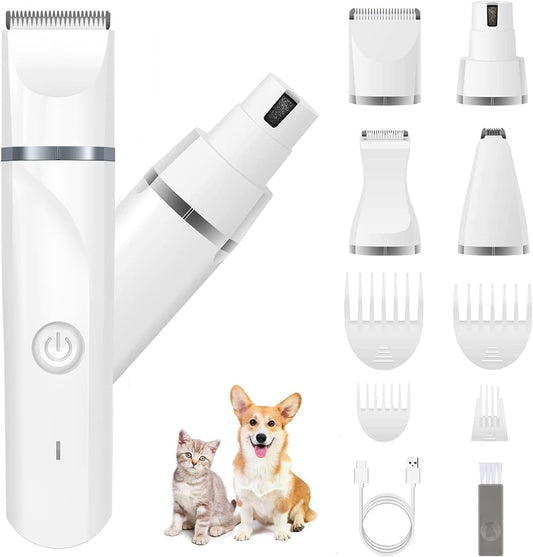 Dog Grooming Kit with Clipper, 4 Cutter Heads, 4 Guide Combs, Nail Grinder and Trimmers - Electric, Quiet, USB Rechargeable - for Trimming Hair around Paws, Eyes, Ears, Face, Rump - White